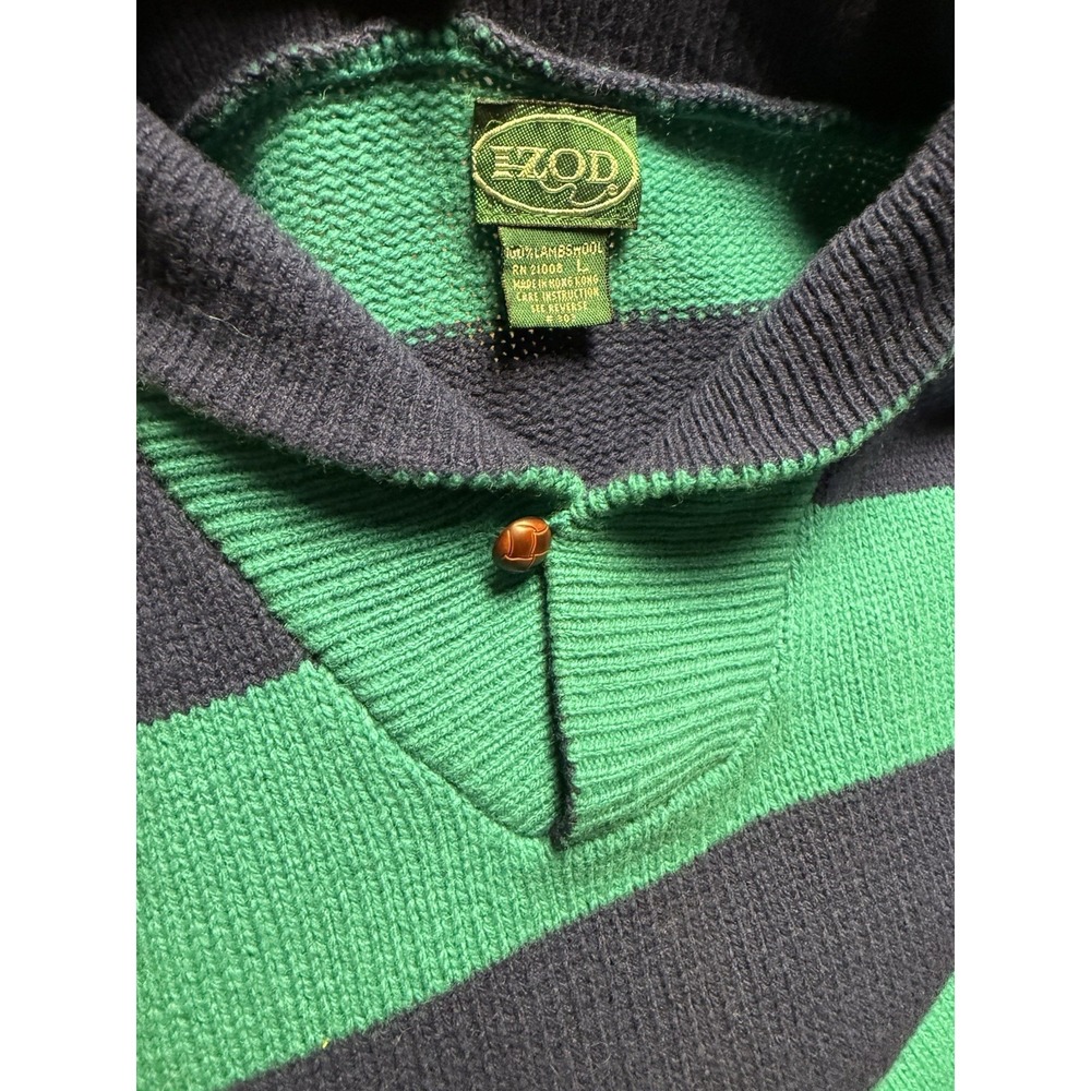 Vintage IZOD‎ Sweater Mens L Lambswool Pullover 1/4 Button Striped Green Preppy - Picture 2 of 4